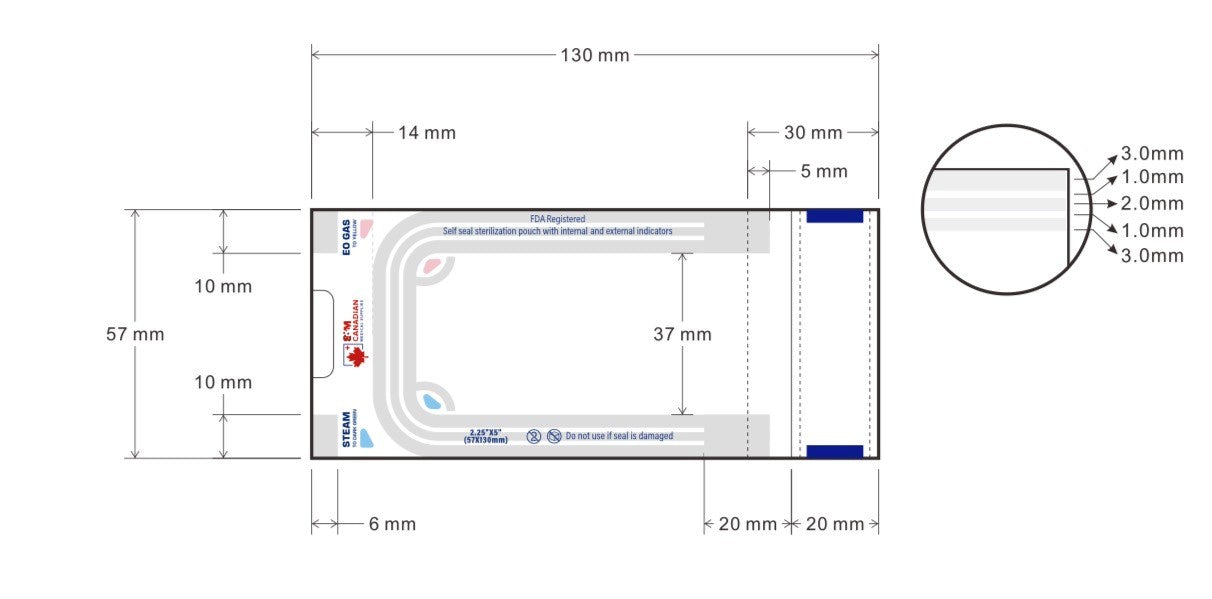 Technical drawing of a rectangular component with dimensions and a close-up detail on a white background